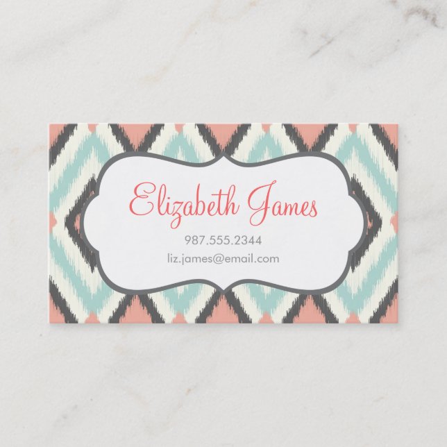 Carte De Visite Gray Pink et Mint Tribal Ikat Chevron (Devant)