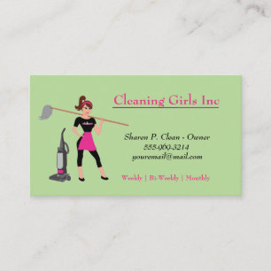 Carte De Visite Green Cartoon Girl Avec Service De Nettoyage De Mo