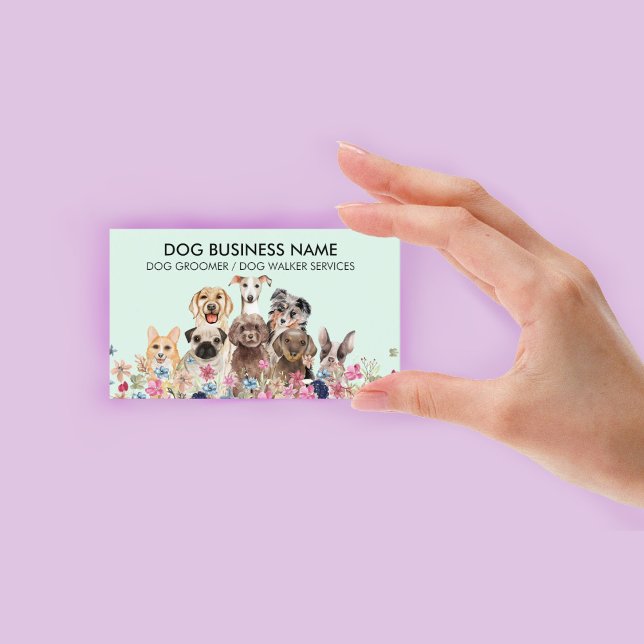 Carte De Visite Green Chien Groomer Animaux de compagnie Sitter Wa (Green Dog Groomer Pet Sitter Walker flower garden Business Card)