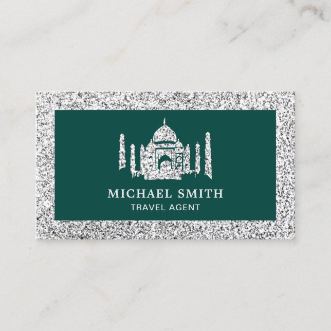 Carte De Visite Green Faux Silver Parties scintillant Taj Mahal Ag (Devant)