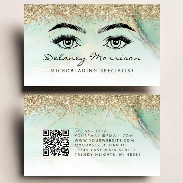 Carte De Visite Green Gold Marble Eyes QR Code Microblading (Créateur téléchargé)