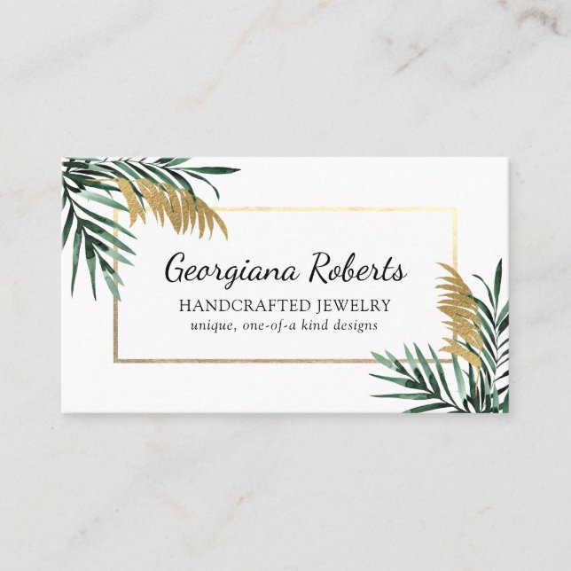 Carte De Visite Green Gold Tropical Feuille (Devant)