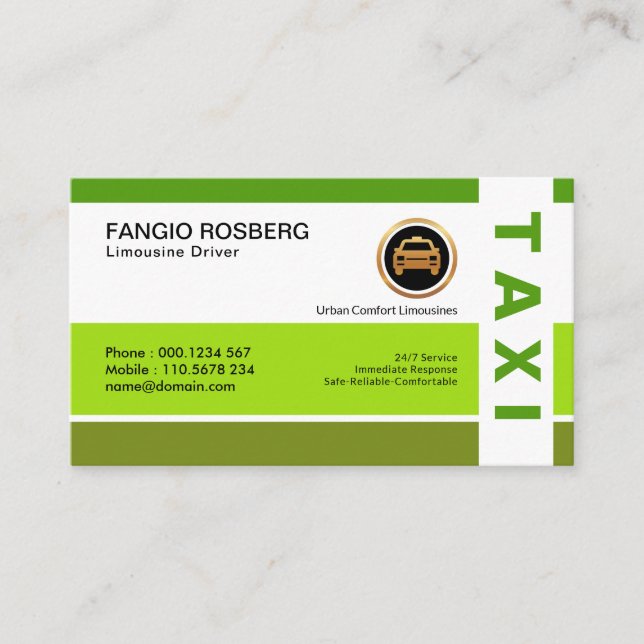 Carte De Visite Green Simple Professionnel Moderne Taxi (Devant)