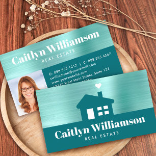 Carte De Visite Green Turquoise Photo Agent immobilier Broker Mais