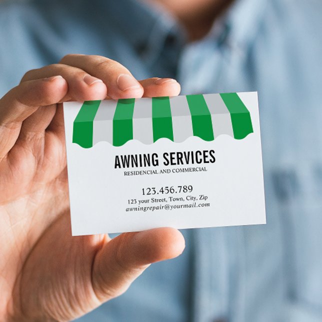 Carte De Visite Green White Awning Services Nettoyage Professionne (Stylish Green and White Striped Awning Business Card: Name in Clean Sans Serif Font")