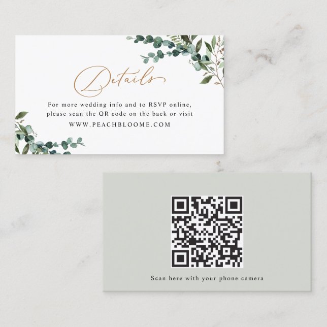 Carte De Visite Greenery Gold QR Code Wedding Enclosure Card (Devant / Derrière)