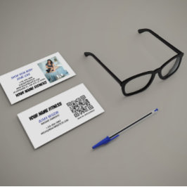 Carte De Visite Grey Blue Black Photo-centric Fitness QR Code 