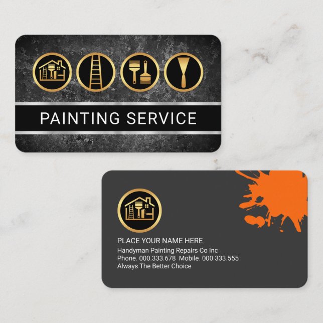 Carte De Visite Grey Grunge Wall Gold Painter's Tool (Devant / Derrière)