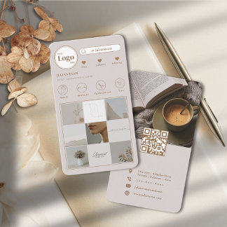 Carte De Visite Grille photo moderne à double face Instagram Beige
