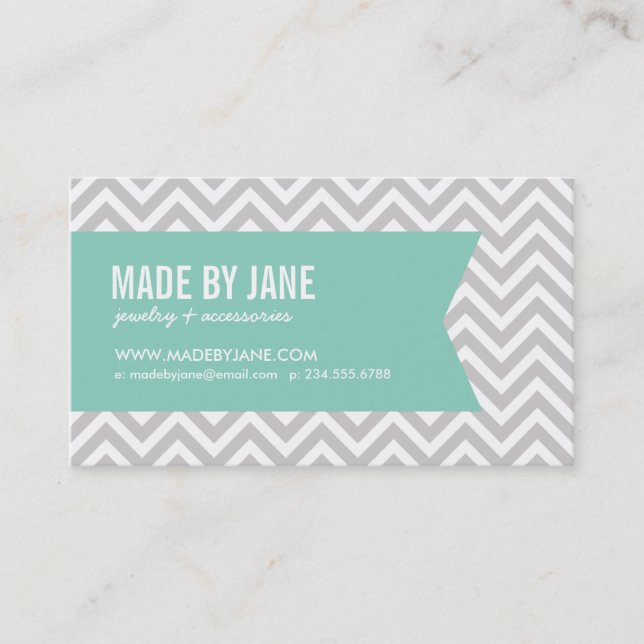 Carte De Visite Gris & Aqua Moderne Chevron & Ribbon (Devant)