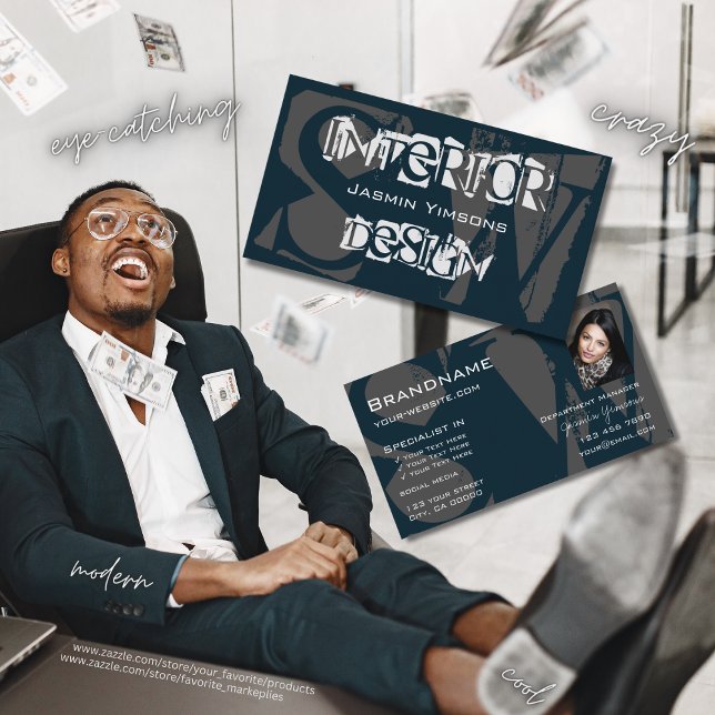 Carte De Visite Gris blanc bleu moderne avec photo et monogramme (Créateur téléchargé)