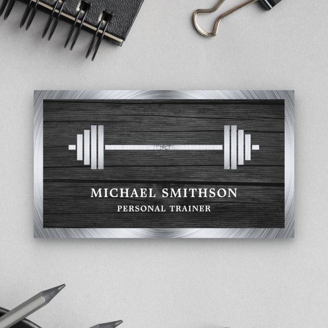 Carte De Visite Gris Bois Acier Barbell Fitness Entraîneur personn (Créateur téléchargé)