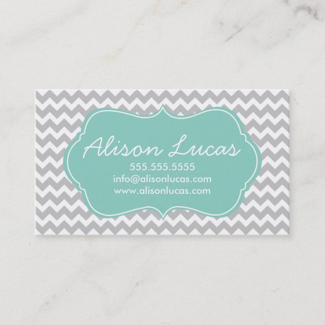 Carte De Visite Gris et menthe vert moderne Chevron Gris (Devant)