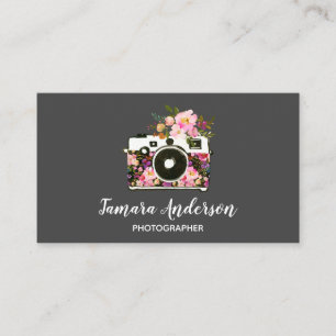 Carte De Visite Gris floral rose professionnel de photographe