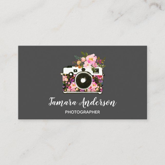 Carte De Visite Gris floral rose professionnel de photographe (Devant)