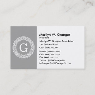 Carte De Visite Gris foncé blanc clé grecque cadre Rnd initial Mon