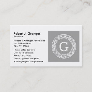 Carte De Visite Gris foncé blanc clé grecque cadre Rnd initial Mon