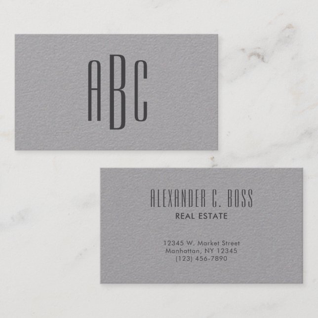 Carte De Visite Gris foncé Simple à trois lettres Monogramme (Devant / Derrière)