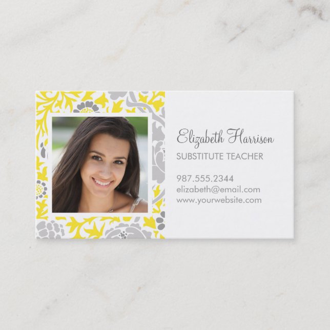 Carte De Visite Gris & Jaune Retro Floral Damask Photo personnalis (Devant)