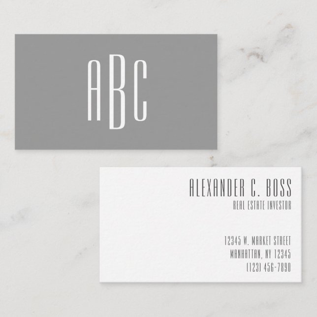 Carte De Visite Gris moderne et blanc Simple à trois lettres Monog (Devant / Derrière)