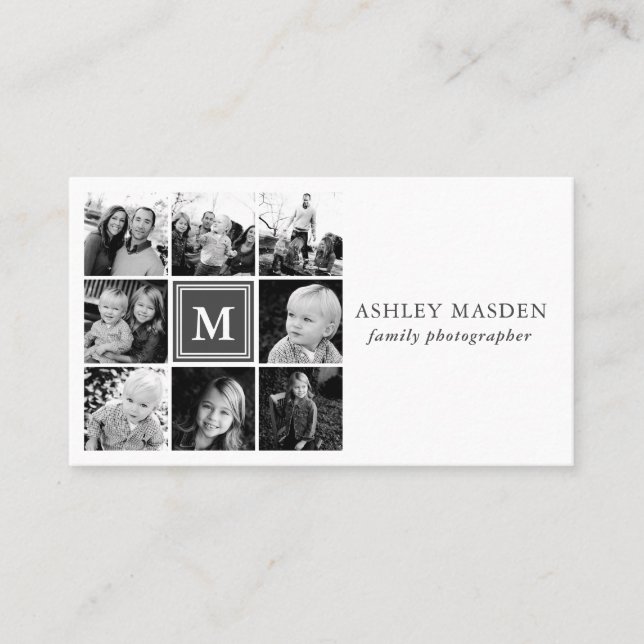 Carte De Visite Gris Monogramme Famille Photo Collage Photographie (Devant)