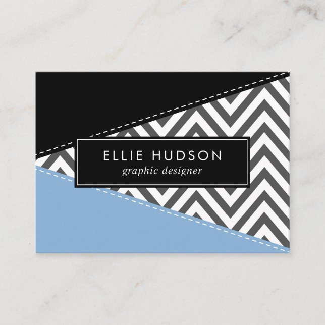 Carte De Visite Gris Zigzag, Gris Chevron, Motif Zigzag, Bleu (Devant)