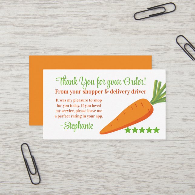 Carte De Visite Grocery Delivery Service Thank You Review Stars (Devant/Arrière en situation)