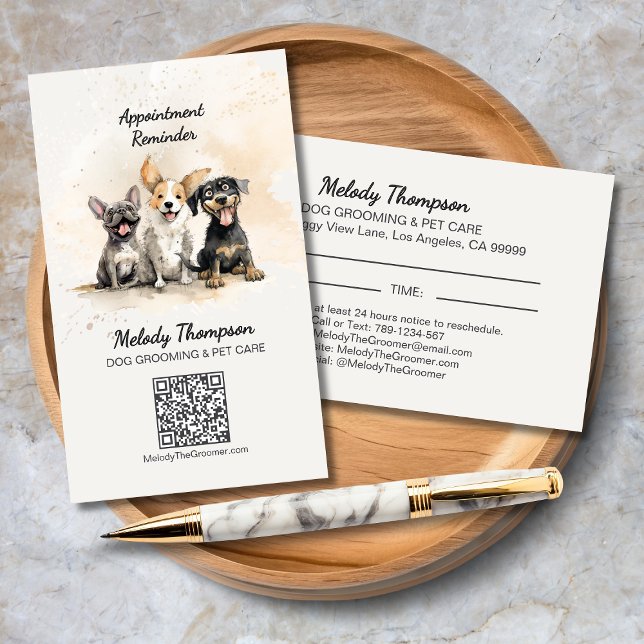 Carte De Visite Groomer chien mignon Soins des animaux de compagni (Cut Dog Groomer Pet Care Appointment Reminder Business Card with Dog Trio, QR Code, Website.)