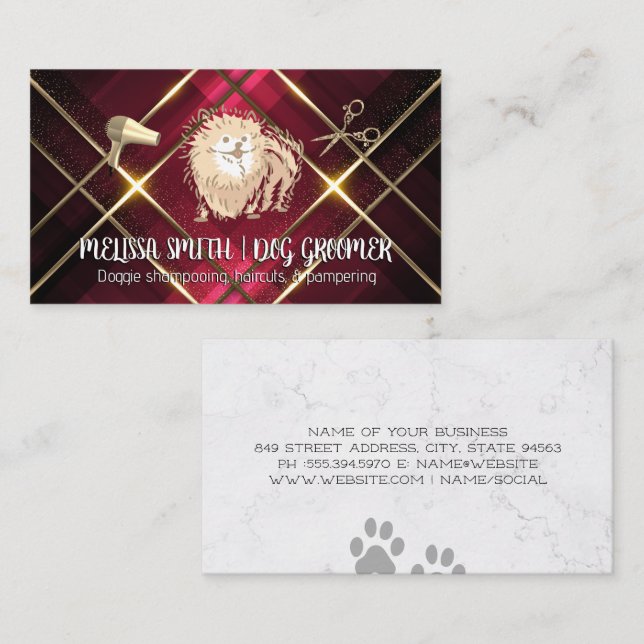 Carte De Visite Groomer | Cute Pomeranian | Découpe en métal or (Devant / Derrière)