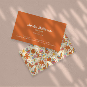 Carte De Visite Groovy Rétro Orange Hippie Paix Fleurs Tendance