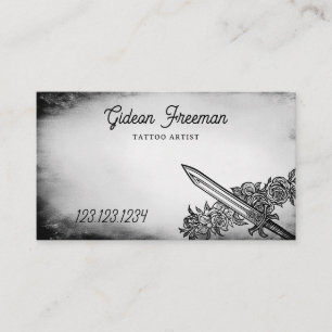 Carte De Visite Grunge Noir & Blanc Floral Artiste de tatouage d'é