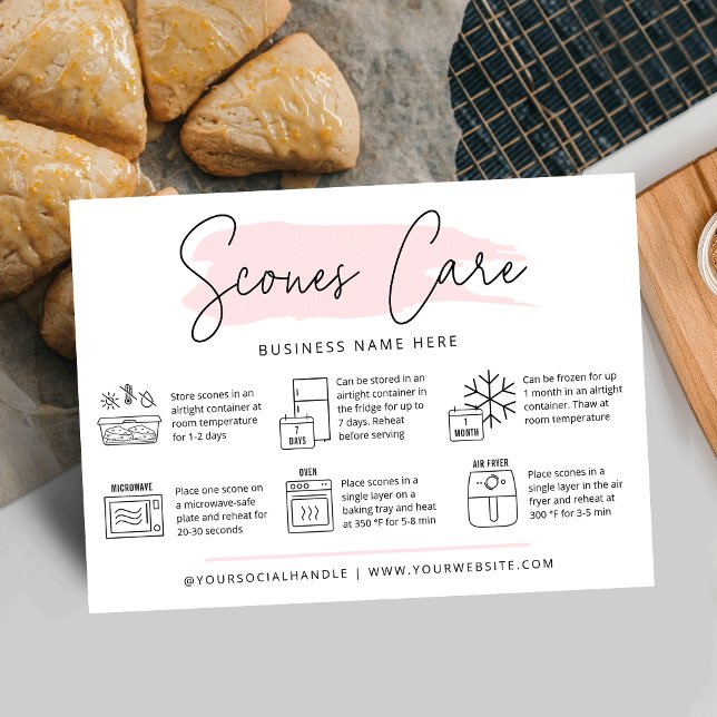 Carte De Visite Guide de soins et de service Scones Aquarelle Boul (Trendy scones care cards with icons, modern script font and pink watercolor design and your logo)