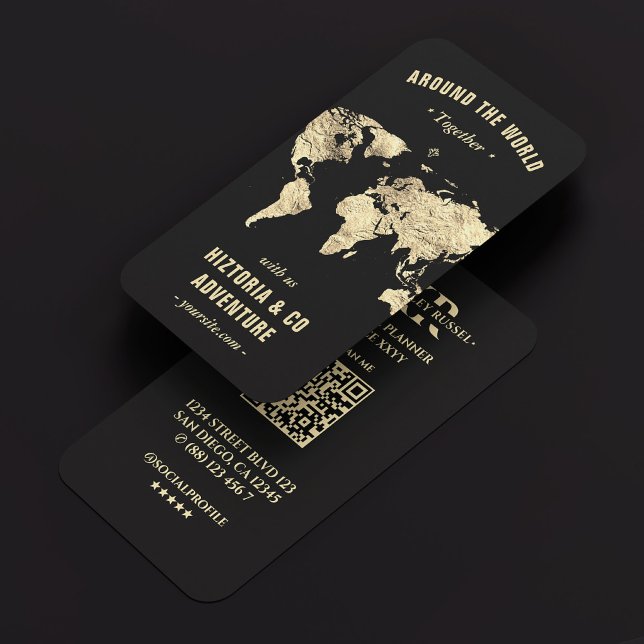 Carte De Visite Guide d'excursion pour les planificateurs de voyag (Travel Planner Tour Guide Gold World Map Black Business Card
)