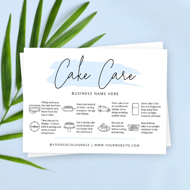 Carte De Visite Guide d'instructions pour la garde des gâteaux Aqu (Pastel blue watercolor cake care instructions business card with icons and space for your logo)