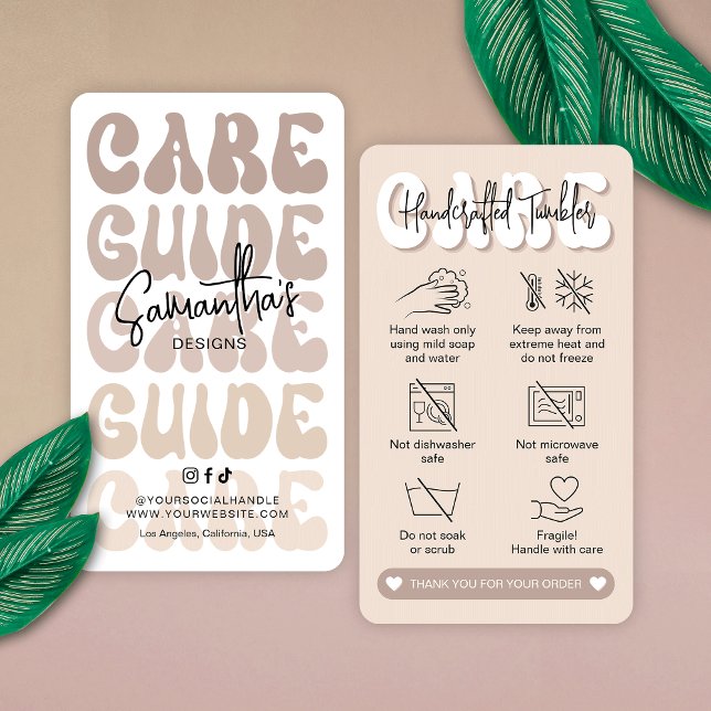 Carte De Visite Guide d'instructions pour la prise en charge du ta (Modern beige tumbler care instructions cards in retro style with care icons and your brand info)