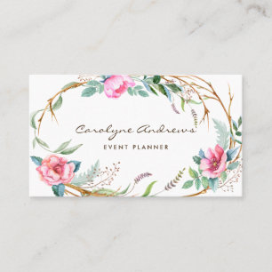 Carte De Visite Guirlande florale de Bohème II d'aquarelle rose