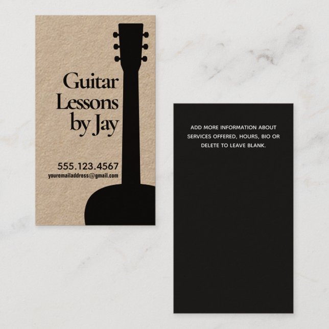 Carte De Visite Guitare acoustique enseignant guitariste Kraft (Devant / Derrière)