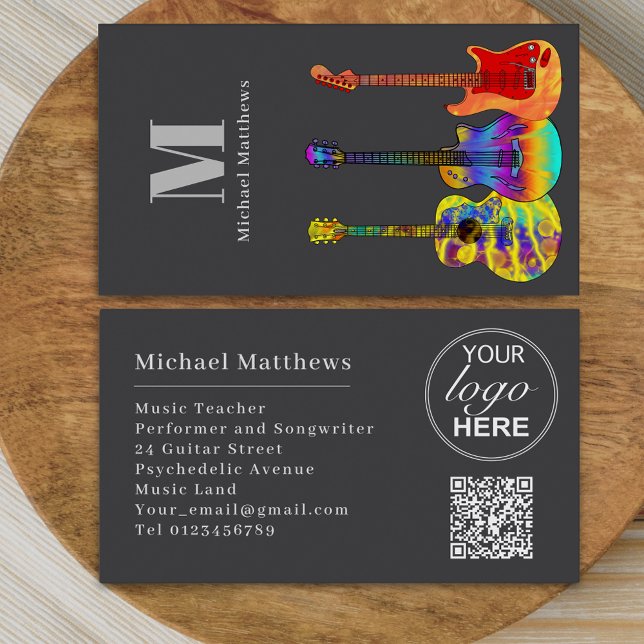 Carte De Visite Guitare enseignant musicien personnalisé QR Code e (Modern guitar music tutor professional musician logo qr code Business card)