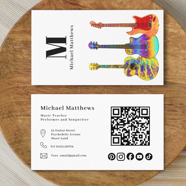 Carte De Visite Guitare Enseignant QR code et médias sociaux perso (Modern guitar music teacher professional musician qr code & social media black & white Business Card)