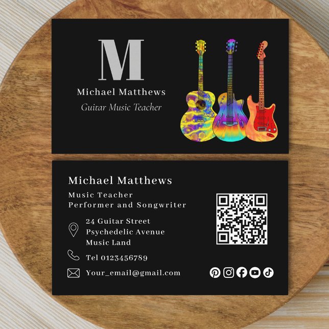 Carte De Visite Guitare Enseignant QR Code et médias sociaux perso (Guitar teacher musician qr code social media custom business card)