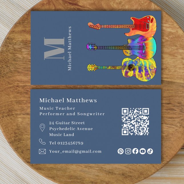 Carte De Visite Guitare Enseignant QR Code et médias sociaux perso (Guitar music tutor qr code and social media custom business card)