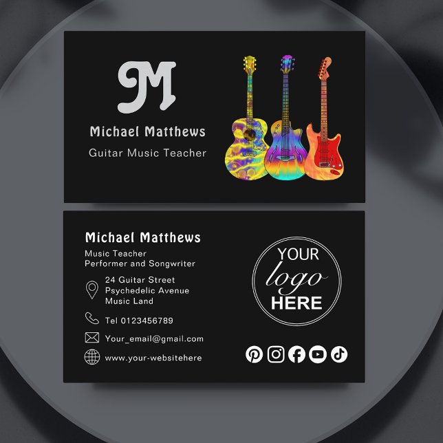 Carte De Visite Guitare Enseignant QR Code personnalisé (Retro guitar teacher custom logo social media black business card)