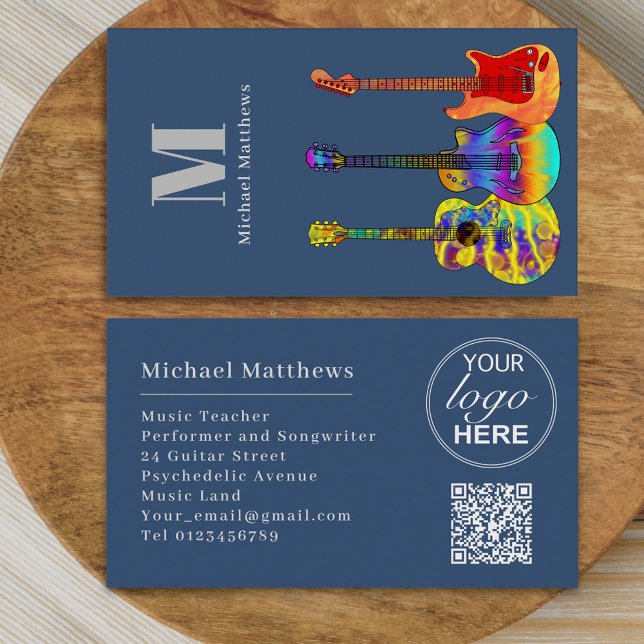 Carte De Visite Guitare Music Enseignant personnalisé QR Code et l (Modern guitar music tutor professional musician logo qr code blue Business card Colorful guitar art)