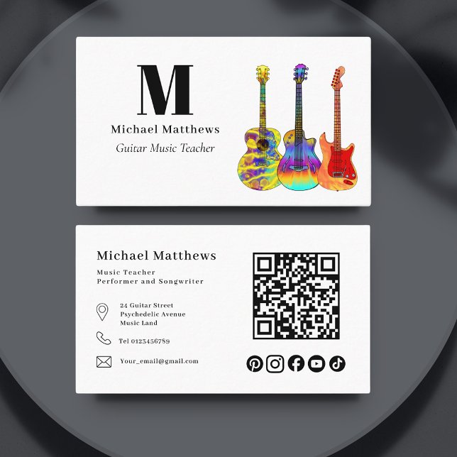 Carte De Visite Guitare Music Enseignant QR code Social Media Cust (Minimalist guitar teacher qr code custom business card)