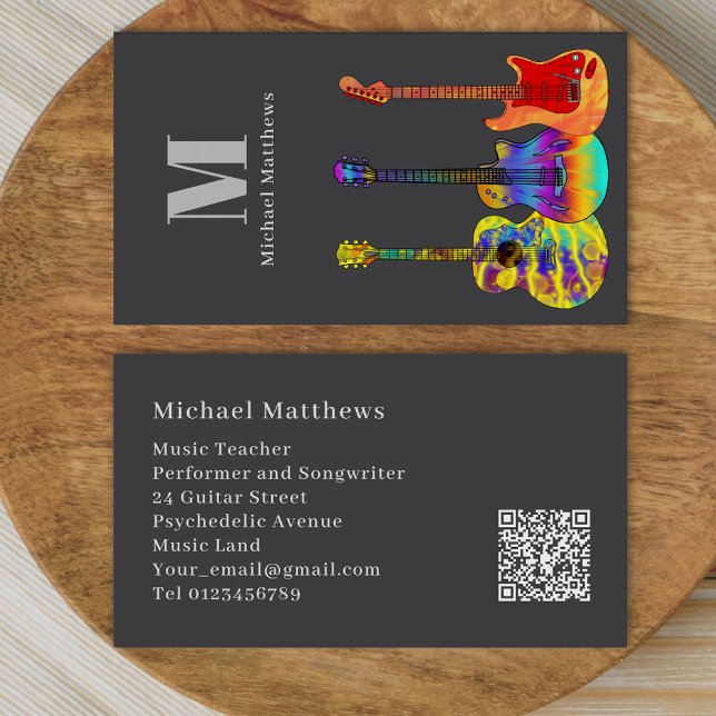 Carte De Visite Guitare Musique Enseignant personnalisé QR Code (Modern guitar music teacher professional musician qr code Business card)