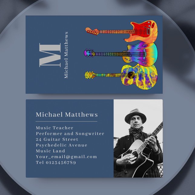 Carte De Visite Guitare Musique Enseignant Photo personnalisée (Guitar music teacher and musician photo template custom business card)
