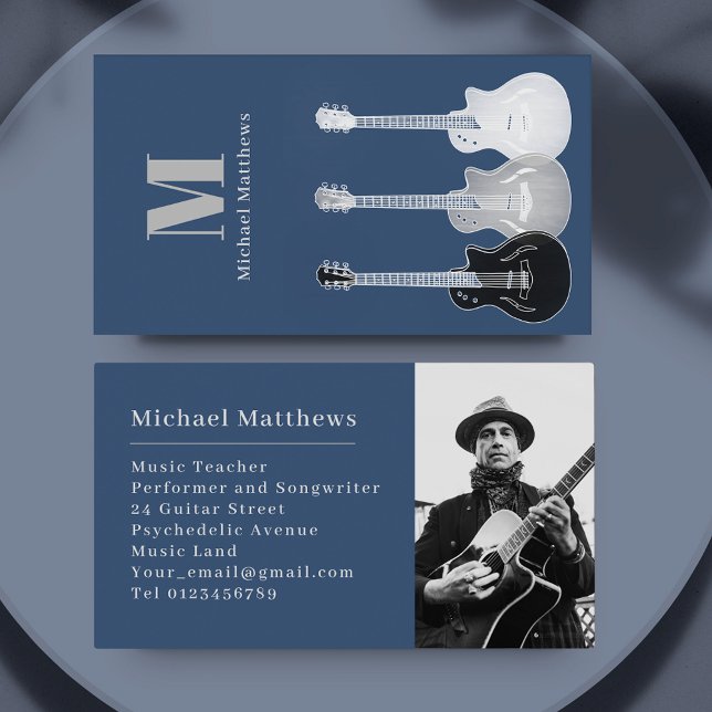 Carte De Visite Guitare Musique Enseignant Photo personnalisée (Guitar musician teacher custom photo business card)