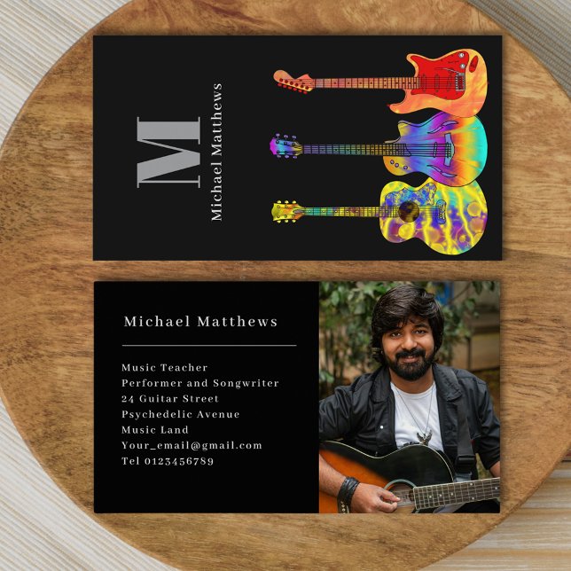 Carte De Visite Guitare Musique Enseignant Photo personnalisée (Guitar music teacher custom photo business card)