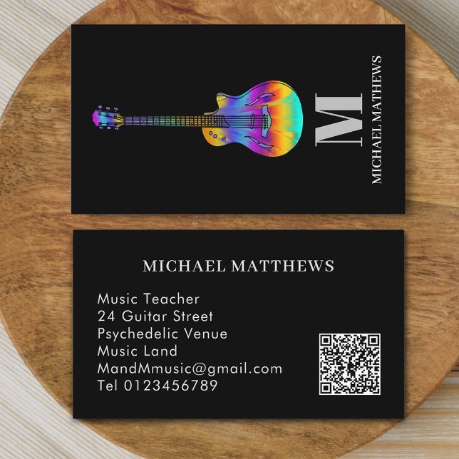 Carte De Visite Guitare Professional Music Enseignant QR Code (Modern guitar teacher professional musician qr code Business card Colorful semi acoustic guitar art )