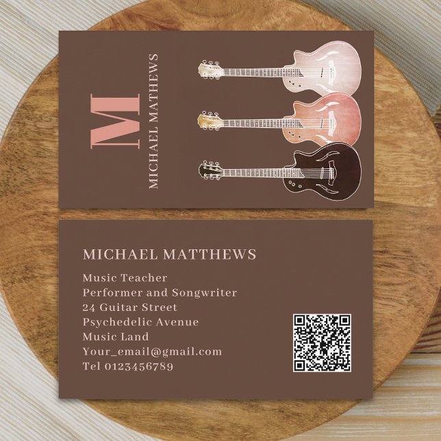 Carte De Visite Guitare Professional Musicien Personnalisé QR Code (Simple Rustic guitar teacher professional musician qr code Business card)